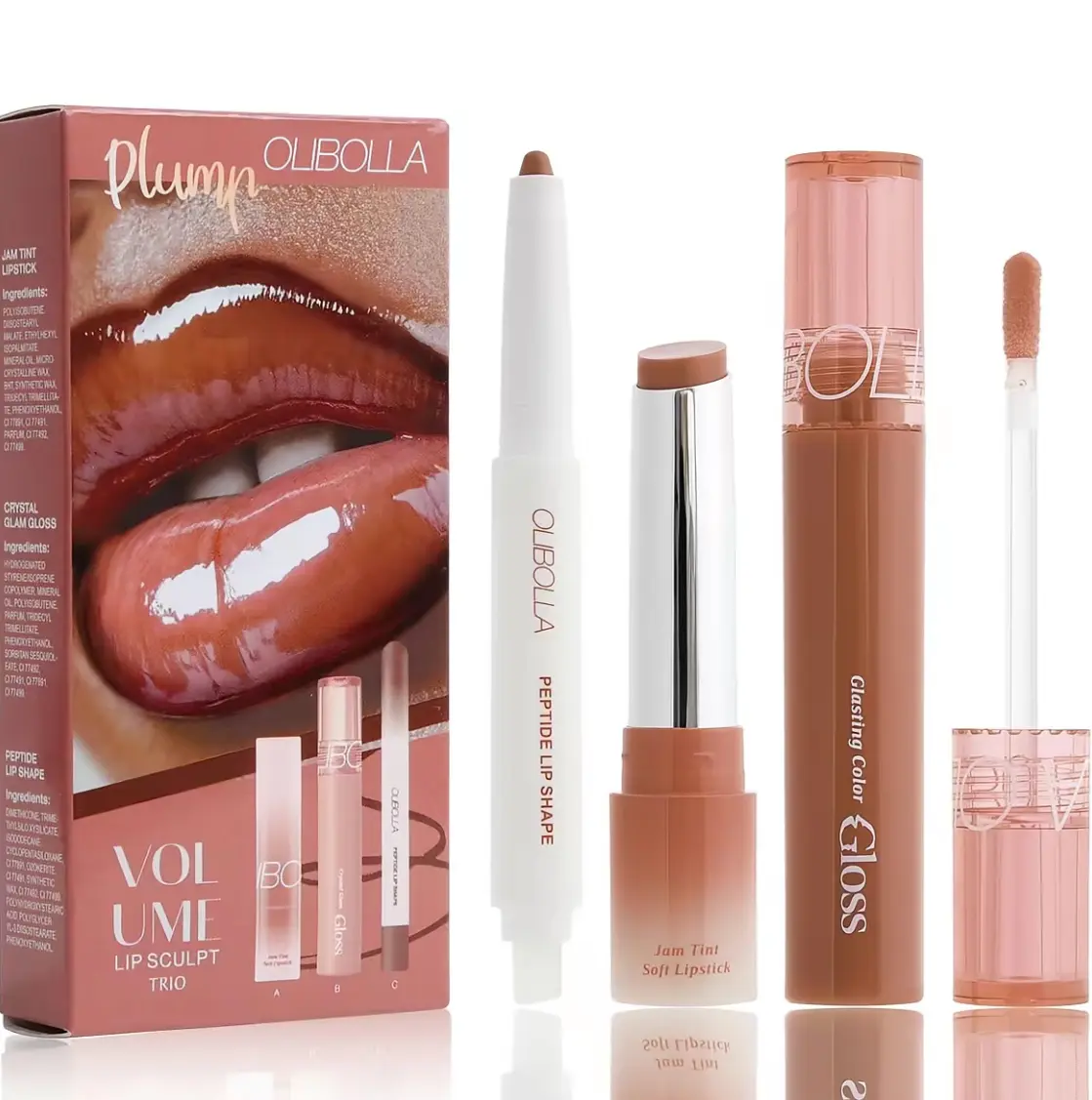 OLIBOLLA Volume Lip Sculpt 3-Piece Kit, 3-Color Cosmetic Set with Waterproof Velvet Matte Lipstick & Liner, Collagen-Rich, Hydrating, Long-Lasting, Smudge-Proof, High-Pigment Nude Tones Lip Combos for Everyday Glam, Lip Liner, 3-Color Set