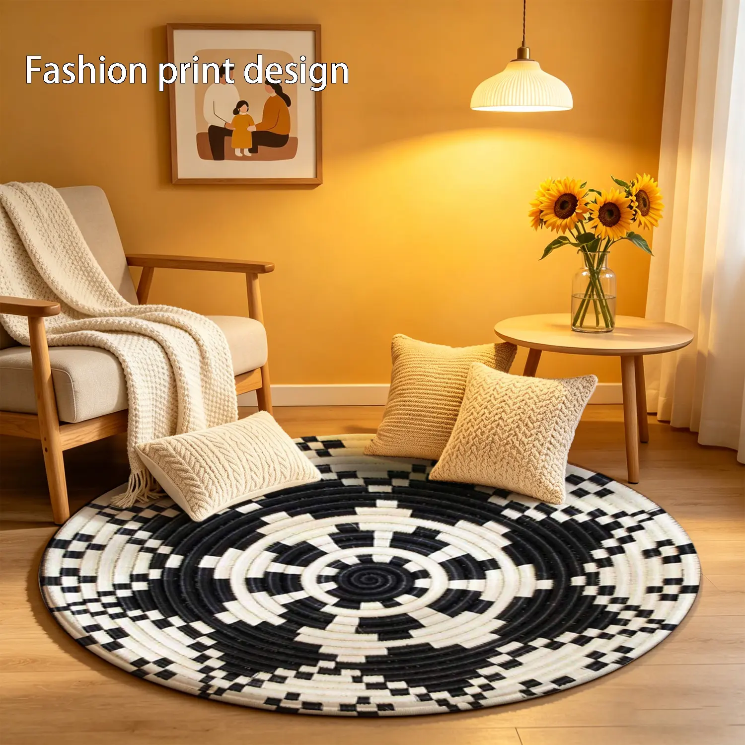 1 piece of 2D flat black and white star shaped circular pattern floor mat, Home decor round rug, Home Decor Rugs, suitable for bedroom, living room, balcony, hotel, entrance, kitchen, bathroom, available in all seasons