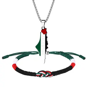 Palestine Necklace Bracelet Sets: Unisex Stainless Steel Palestine Letter Necklaces Adjustable Woven Pull Cord Bracelets with Card
