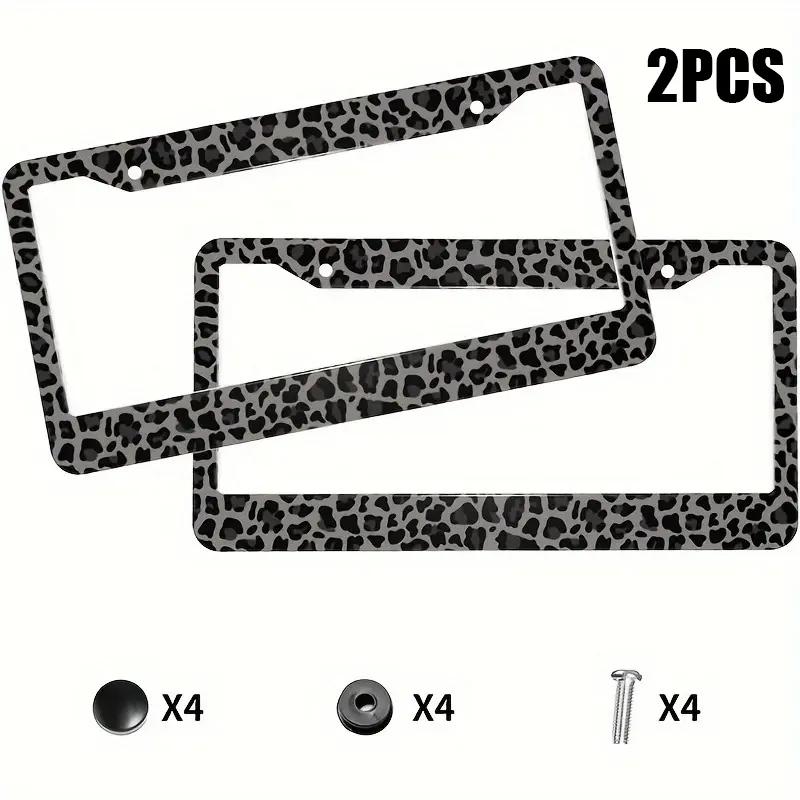 2 Pack Dark Gray Leopard Print License Plate Frame - Rust-Proof Aluminum Car Tag Holder with Screws, Universal Fit for Standard US Vehicles, SUV Truck Exterior Accessories, Car Stuff