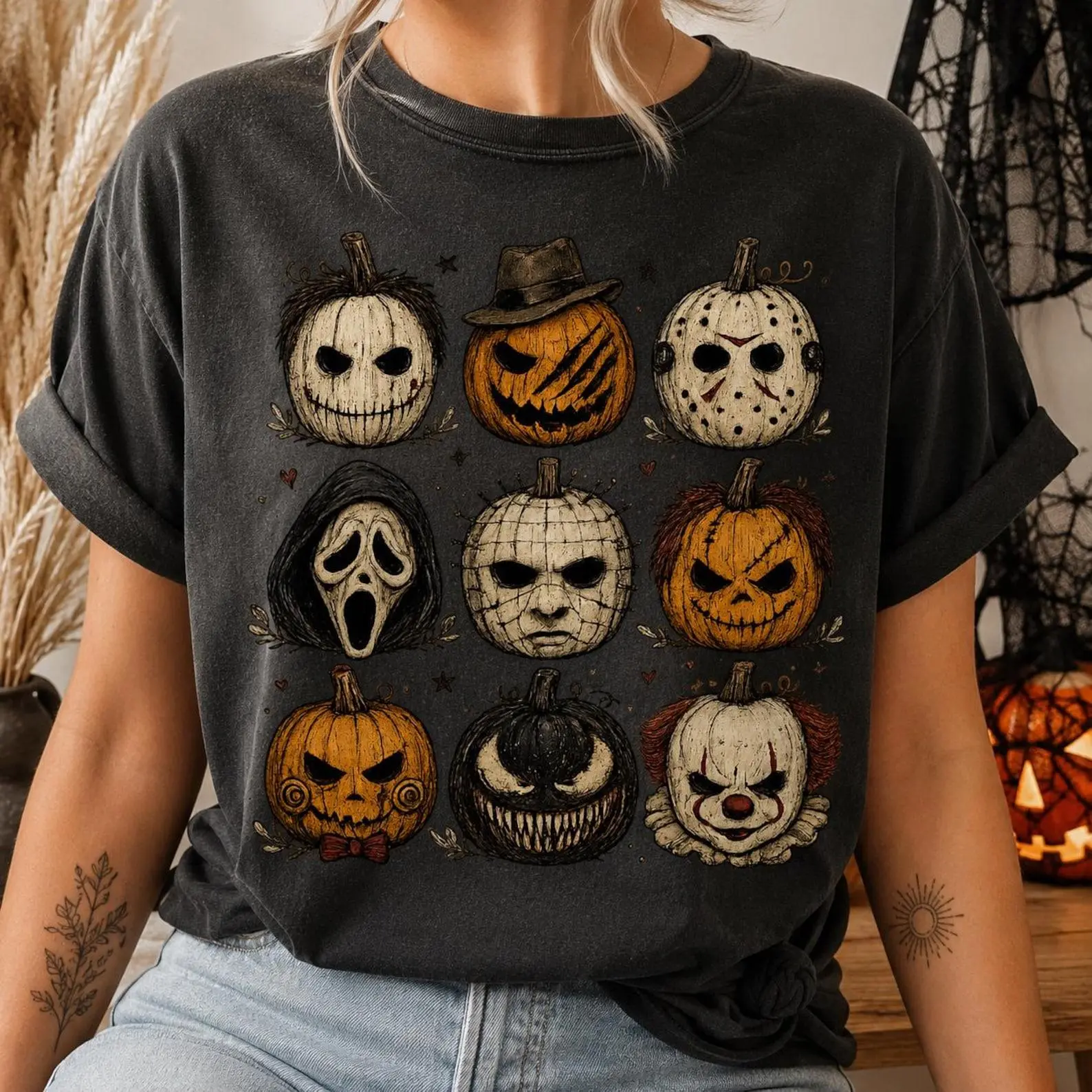 Comfort Colors Spooky Pumpkin Faces T-Shirt, Vintage Halloween Monster Jack O Lantern Graphic Tee, Retro Horror Season Shirt for Women