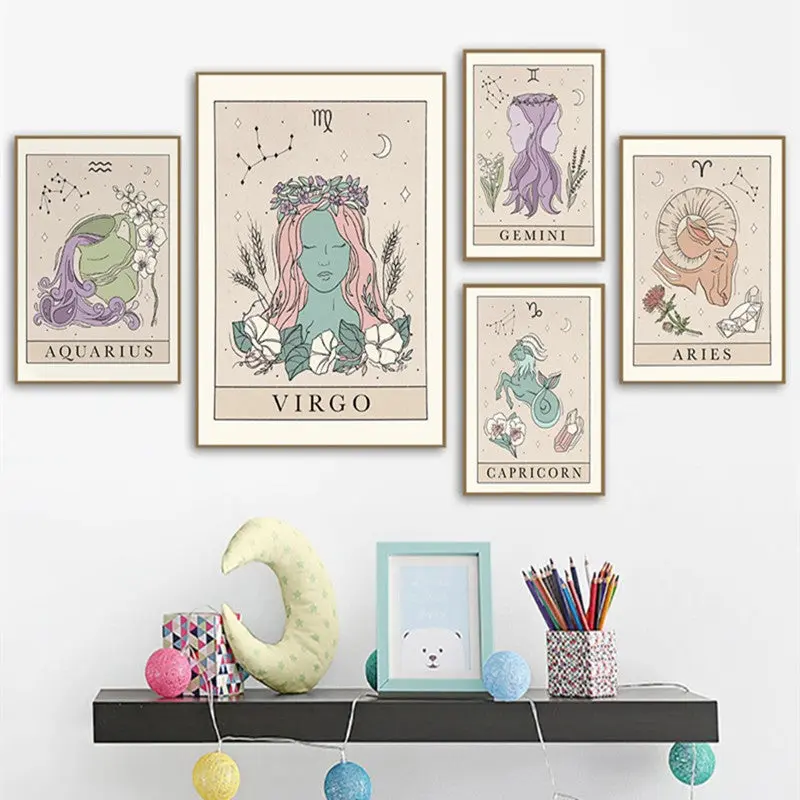 Vintage Tarot Constellation Canvas Wall Art | Celestial Zodiac Poster | Witchy Room Decor | Mystical Home Decoration