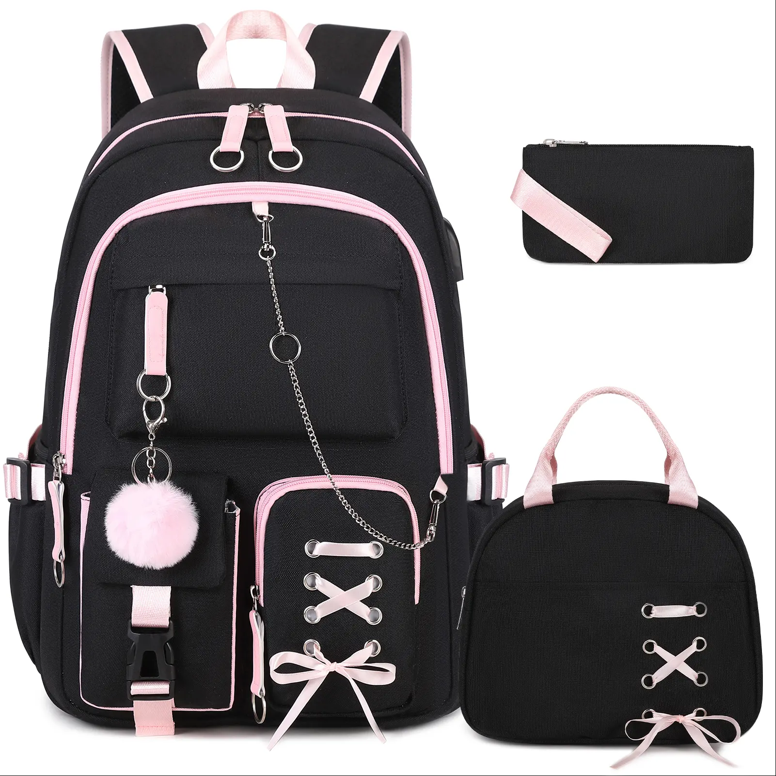 SIMILOVE Backpacks for Girls, Girls Backpack with Lunch Box and Pencil Case for Teen Kids Elementary Middle High School College Student, Children School Backpack Bookbag with USB Charging Port