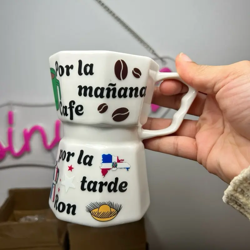 Por la Mañana Cafe Por la Tarde Ron Ceramic Mug with Coffee Beans and Car Design for Coffee REP DOM Unique Gift for Coffee Lovers