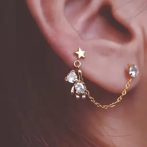 Unisex Cartoon Animal Stainless Steel Stud Earrings - 1/2 Pieces Option, Double Hole Piercing Stainless Steel Jewelry with Chain for Tragus, Helix, Daily Wear Fashion Accessory