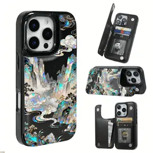 Mobile phone case: Ink painting design function protective cover, built-in card slot can store bank cards, transportation cards and other cards, with anti-drop function, suitable for iPhone 17/Air/16/15/14/13/12 Pro/11/XS Plus Max and Samsung