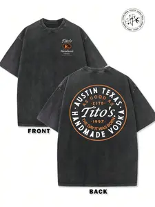 230g Washed And Used T-Shirt, Front Tito's Handmade Vodka Logo, Back With "AUSTIN TEXAS Tito's HANDMADE Vodka" Circular Text And Brand Logo, Tito's Vodka Theme