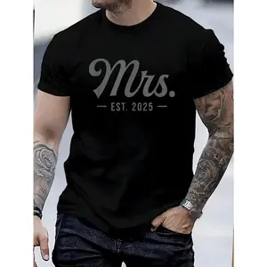 100% Cotton Mrs Est. 2025 Just Married Wedding Wife Matching Mr & Mrs T-Shirt Women's Men's Graphic Tee Crew Neck summer vacation Tops
