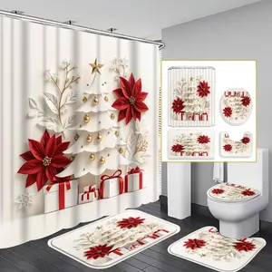 1PC/4PCS 2D Flat Merry Christmas Red and White Christmas Tree Gifts Patterned shower curtain, home bathroom decor, shower curtain set with 12 hooks, non-slip bathroom rug, U-shaped toilet seat cover, toilet seat mat.