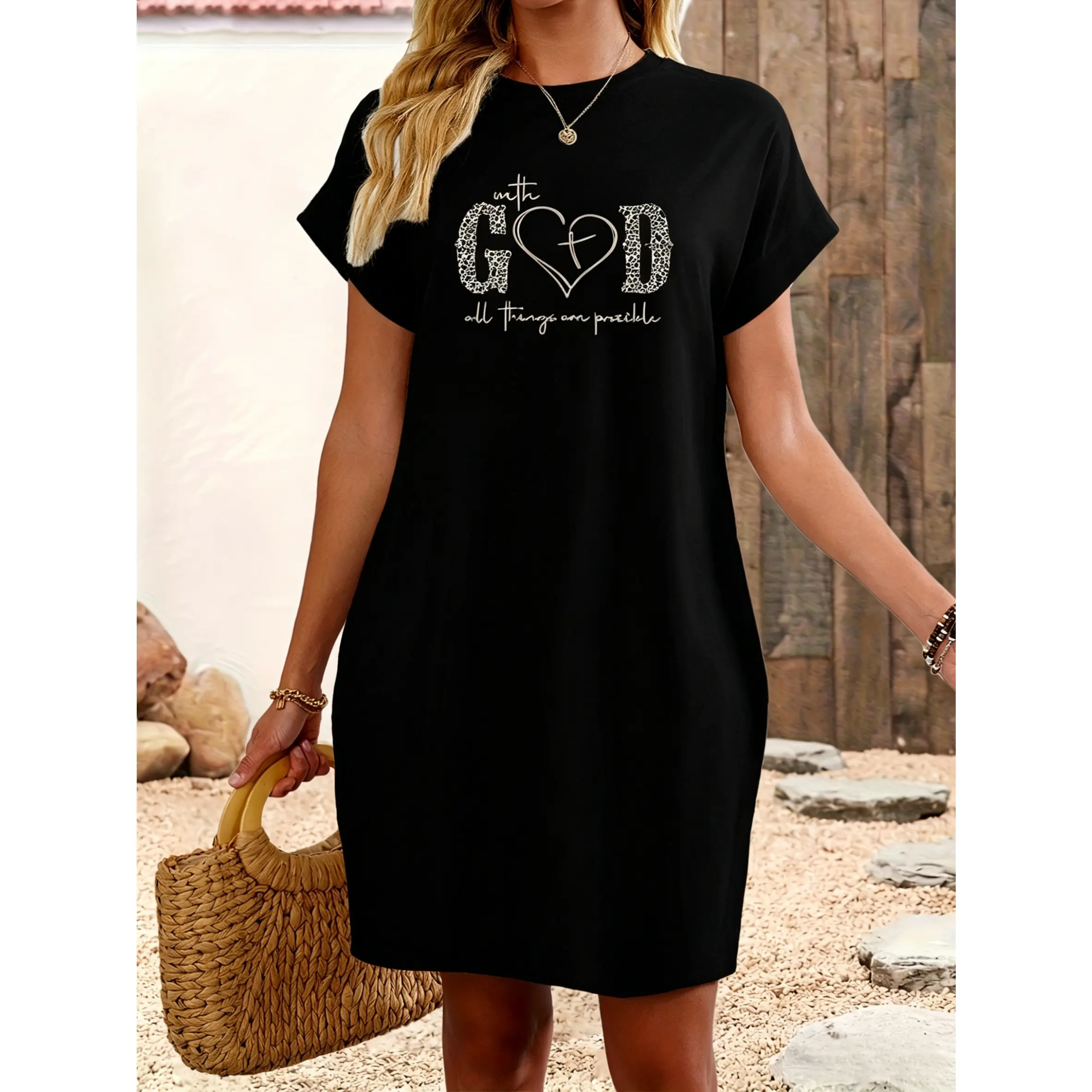 Women's Casual Short-Sleeve Round Neck Ice Silk Knit T-Shirt Dress - Classic Style, Smooth Cool-Feel Polyester Elastane, "With God All Things Are Possible" Graphic Print, Drop Shoulders, Durable Stitching, Going Out Wear, Do Not Dry Clean