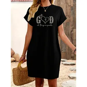 Women's Beige Short-Sleeve Round-Neck Polyester Knit Tunic Dress with "With God All Things Are Possible" Print, Casual Wear for Spring, Summer | Fashionable Corset Top