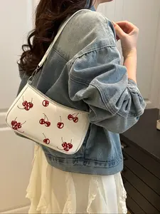 New Women's Minimalist Cherry-Patterned Zipper Handbag Shoulder Bag, a Stylish and Versatile Underarm Bag, and an All-Match Hobo Dumpling Bag for Daily Use