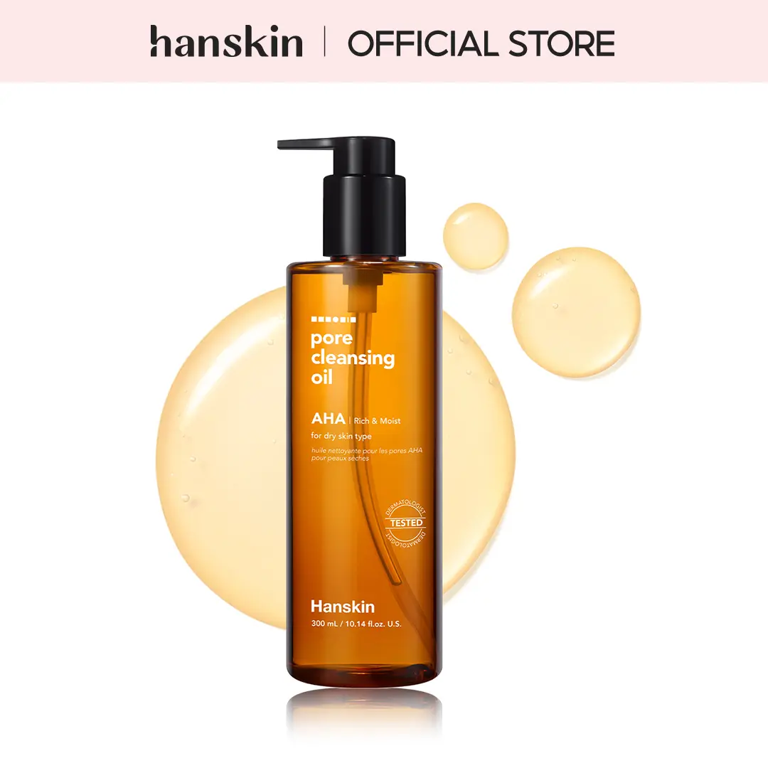 Hanskin AHA Pore Cleansing Oil 300ml - Gel Texture Gentle Makeup Remover Cleanser for Dry Skin, Exfoliate, Plant-Based (Tea Tree, Grape), Waterproof, Non-Irritating, Nourishing