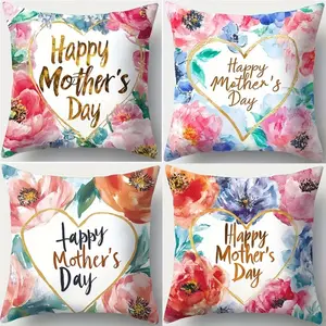 Mother's Day Pillowcase Set, Floral Heart Design, 4-Piece, Hidden Zipper, Easy Wash, Bedroom Living Room Sofa Car Home Decor