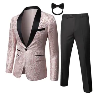Men's Two-Piece Floral Jacquard Dress Suit Set: Single Button Printed Dinner Jacket and Matching Trousers Pink and Black