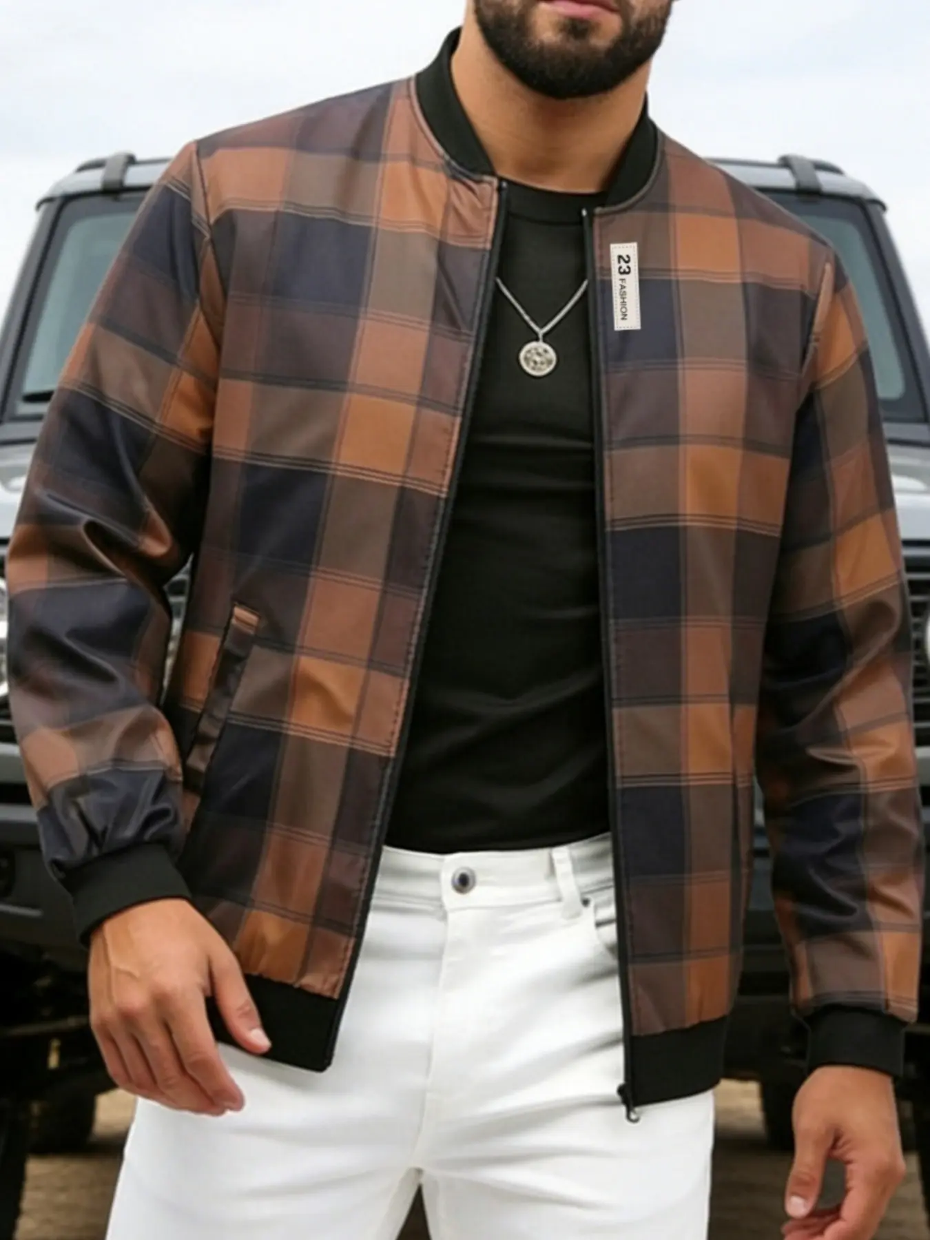 Men's Plaid Pilot Jacket, Fashionable Zipper Design, Lightweight Windproof Casual Streetwear, Suitable for Spring & Fall, Daily Commute