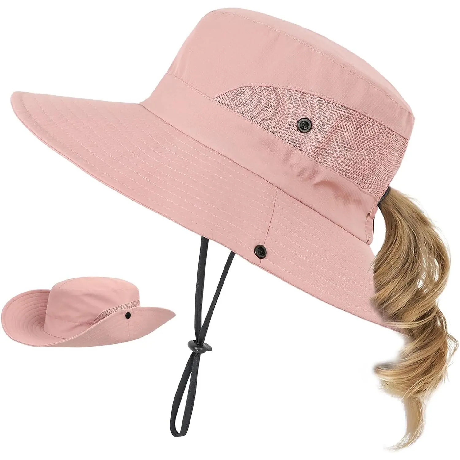 Sun Hat Ponytail Girls UPF 50 Bucket Cap Summer Beach Fishing  Hat Wide Brim Adjustable Swim Hat