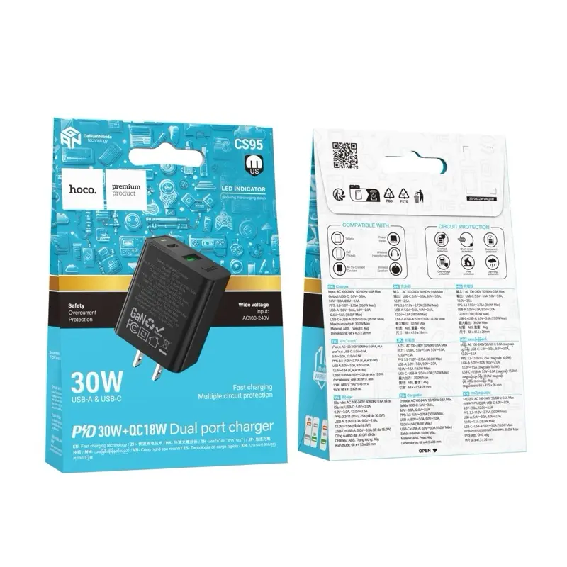 Hoco CS95 Dual Port Charger Set 30W USB-A & USB-C Fast Charging with LED Indicator and Safety Features