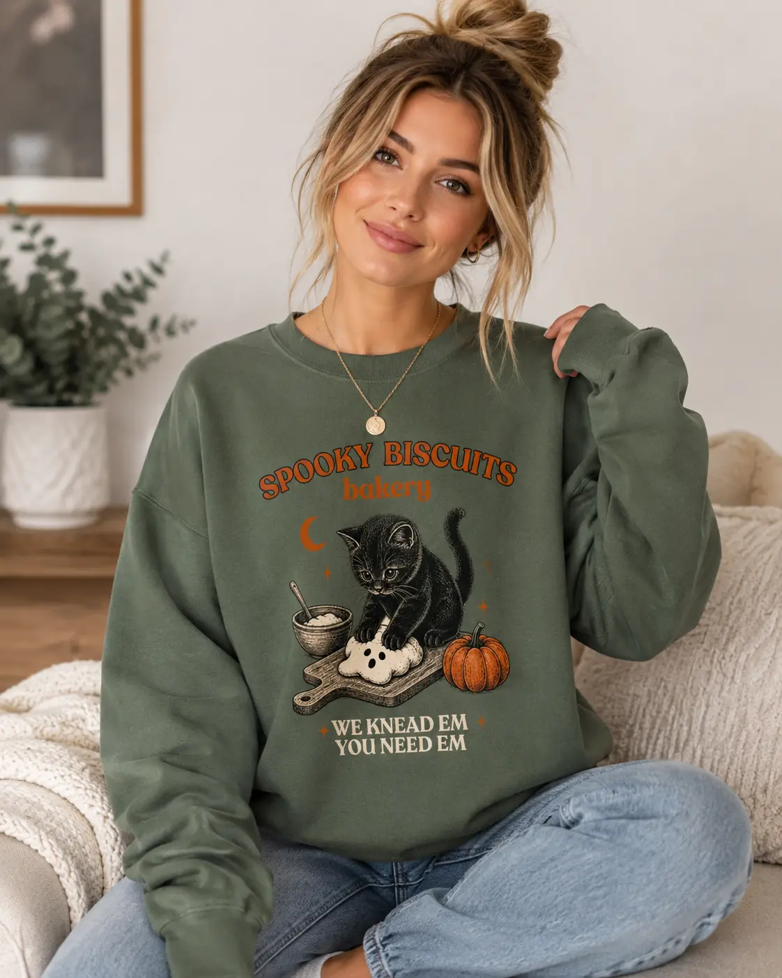 Kitty Biscuits Sweatshirt, Spooky Season Sweater, Black Cat Halloween Fall Vintage Baking Pumpkin, Cozy Cat Lover Fall Gift