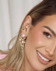 Pink Heart Pearl Chain Dangle Earrings 18k Gold Plated Stainless Steel