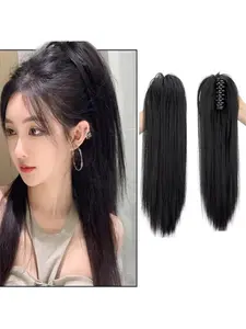 18-inch fluffy, medium-length synthetic clip-in Straight Ponytail extension, which can be styled into a ponytail or bun, suitable for women.