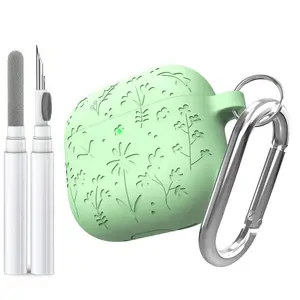 Floral Engraved Case with Keychain & Cleaner Kit for AirPods 4th Gen, Shockproof Protective Silicone Cover for Apple AirPods 4 Headphone Accessories