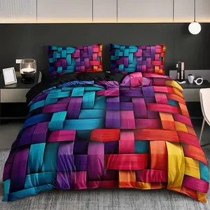 3pcs Bedding Set (1 Fitted Sheet + 2 Pillowcases), Soft Breathable Duvet Set Digital Print Gradient Geometric Lattice, Bedroom Dormitory Use