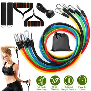 11Pcs Resistance Bands Set Fitness Workout Tubes Exercise Tube Bands Up to 100lbs w/ Door Anchor Handles Ankle Straps for Physical Training Yoga Pilates,summervibes