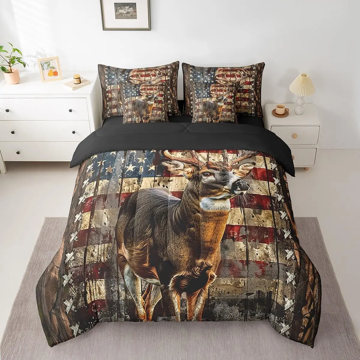 Feelyou 7-Piece Microfiber Bedding Set - Hunting Theme with American Flag & Wild Deer Print, Soft Bed Comforter with Sheet Sets, Machine Washable, Multi-Size for Boys, Bed Comforter Set
