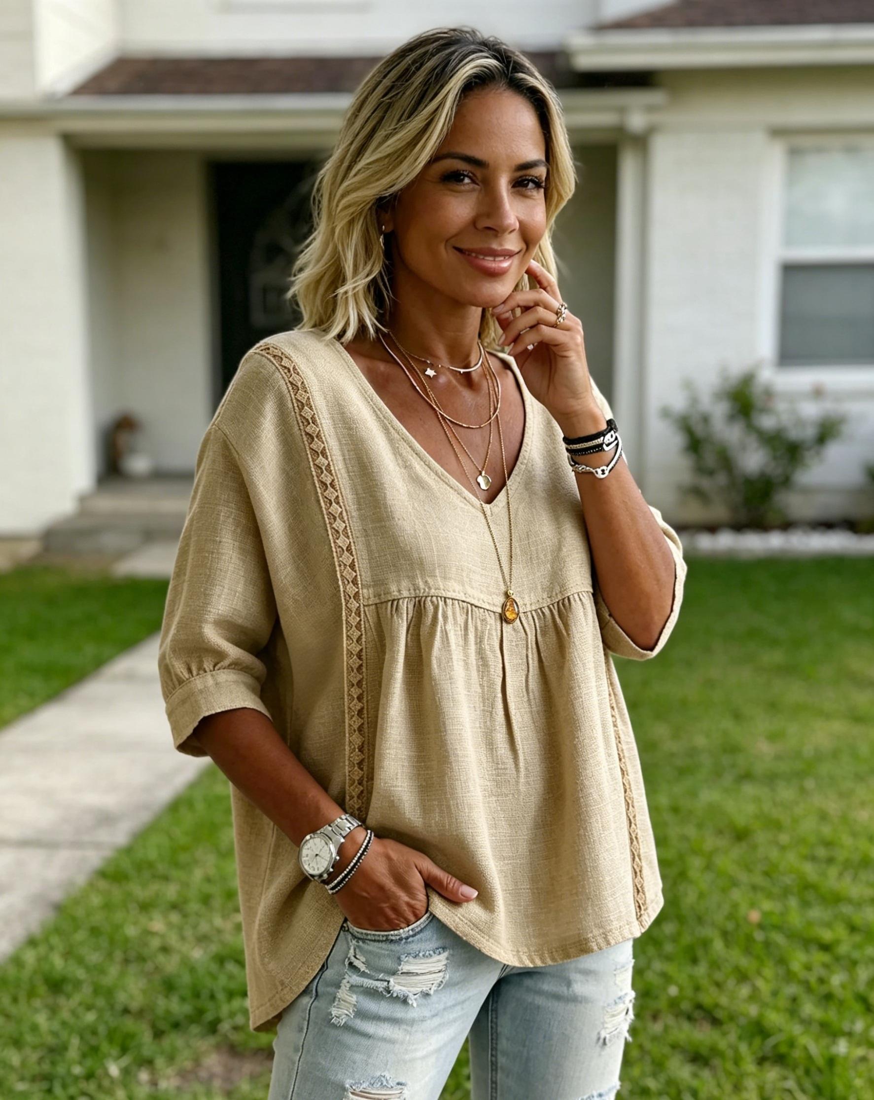 Women's Elegant Lacy V-Neck Blouse - 3/4-Length Puff Sleeves, Side Lace Cut-Outs, Midsection-Concealing Fit, Chic Loose Design, Ideal for Bohemian Office & Casual Wear Lace Top Shirts, Elegance, Office Siren