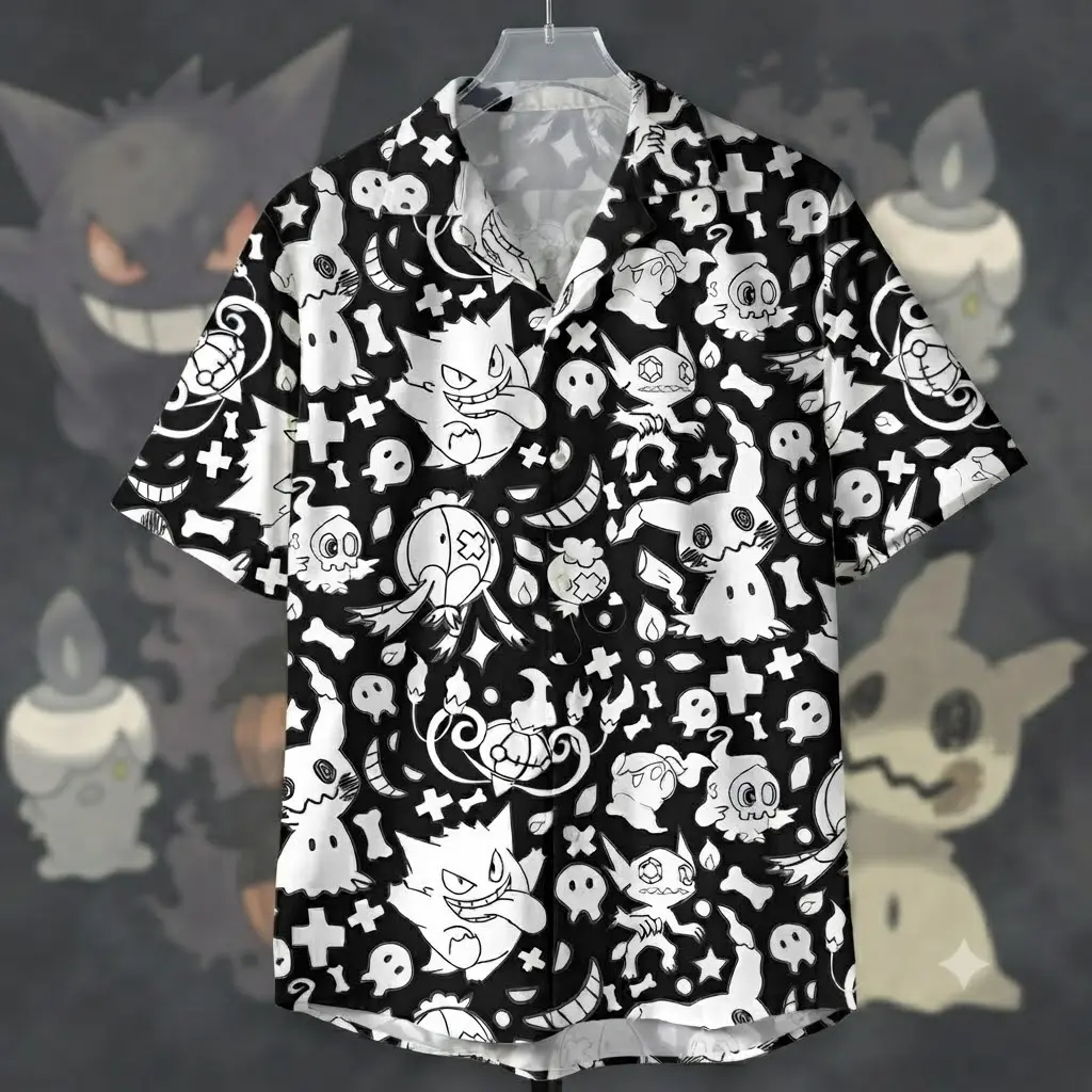 2026 Hot Hawaiian Sets PKM Fresh Summer Beach Wear Spooky Dark Phantom Ghost Aloha Pattern Black Hawaiian Shirt Matching Shorts Casual Button Down Top Youthful Bold Festival Clothing Premium Holiday Gift For All Ages Family Outfits