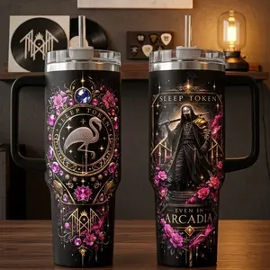 Sleep Token "Even in Arcadia" 40oz Tumbler with Handle | Vessel Mask & Floral Flamingo Collage Custom Cup | 20oz Insulated Travel Mug | Alternative Metal Fan Gift | Cup Holder Friendly