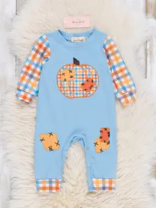 Soft Blue & Orange Gingham Patch Romper