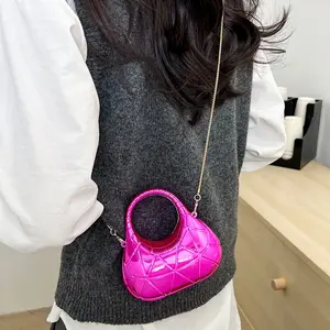 Mini Geometric Grid Pattern Handbag Hollow Curved Top Handle Design Removable Thin Chain Crossbody Strap Trendy Party Evening Mini Bag For Women