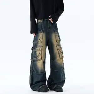 High-end distressed workwear denim jeans with multiple pockets; versatile loose wide-leg long pants; niche high-street straight-leg wide-leg jeans with a washed/distressed look; unisex street-style loose ruched wide-leg denim jeans.