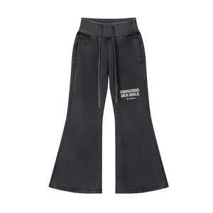 Unisex Flared Sweatpants – Vintage Style Garment Washed Streetwear Cotton Bottom “CONSCIOUS MEN BUILD” Graphic Fleece Apparel Womenswear Pants | NEEDZFEEDZ