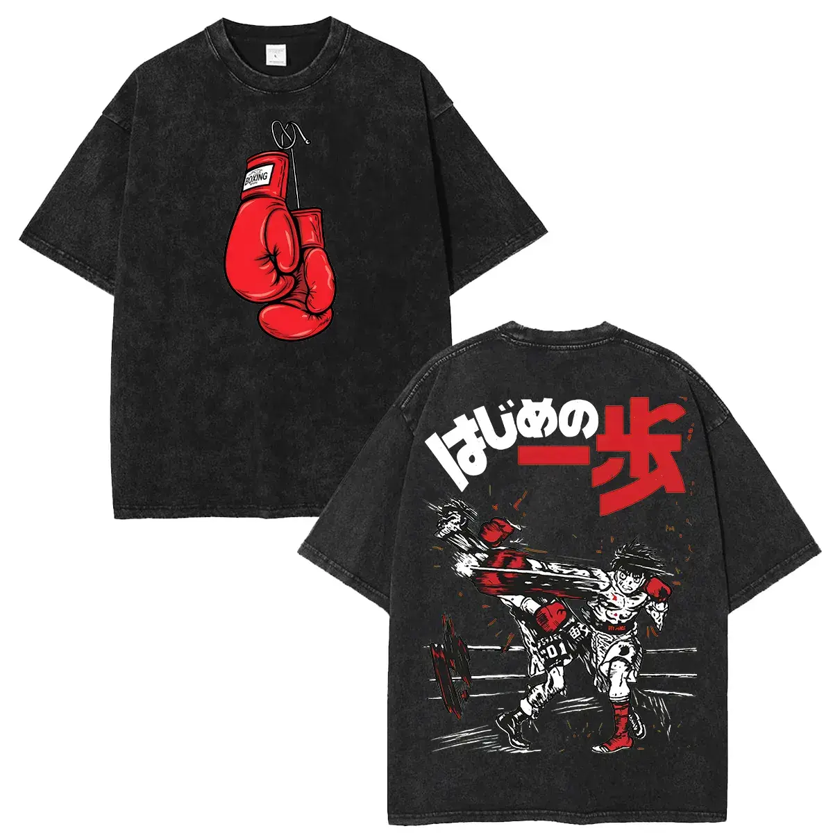 Men's Vintage Washed Round Neck Short-Sleeve Sports T-Shirt - Oversized Hajime No Ippo Anime Merchandise Boxing Top with Glove Print Casual Streetwear Menswear, Shortsleeve
