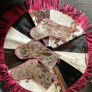 Cowhide Christmas Tree Skirt and 3 Christmas Stockings Set for Holiday Decorations