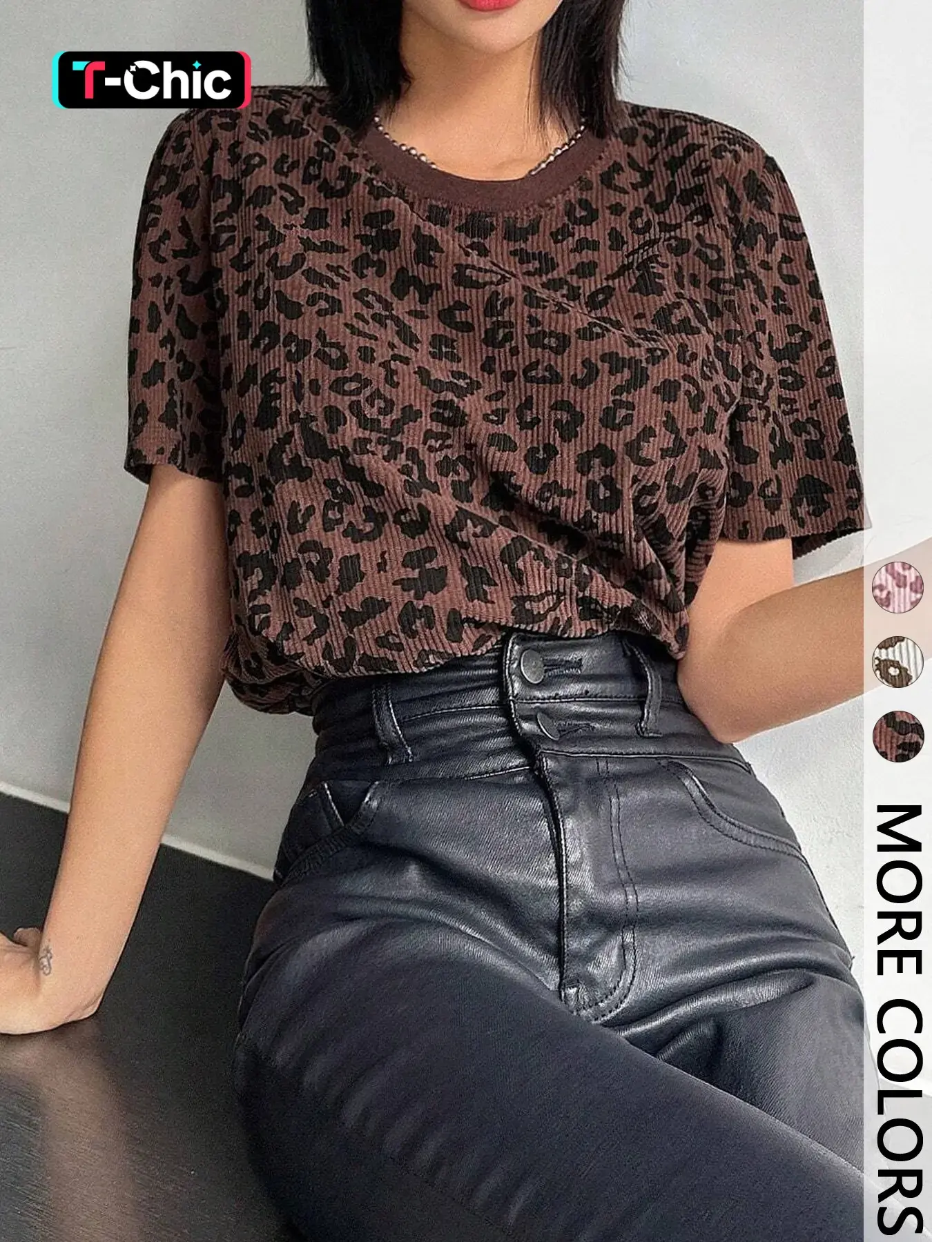 1 Piece Retro Leopard Print Ribbed Short-Sleeve Fitted Summer Top, Casual Fit Chic, Euro-American Fashion Vibe, Womenswear