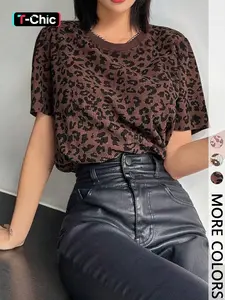 1 Piece Retro Leopard Print Ribbed Short-Sleeve Fitted Casual Summer Top | Womenswear Euro-American Fashion Vibe | Short-Sleeve Cut + Leopard Print Element