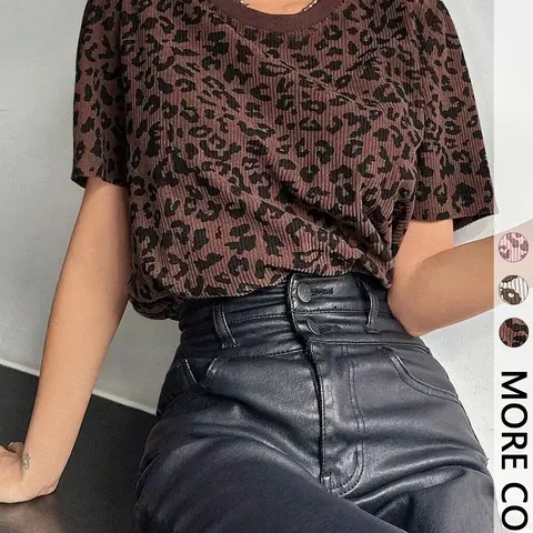 1 Piece Retro Leopard Print Ribbed Short-Sleeve Fitted Summer Top, Daily Wear Top, Euro-American Fashion Vibe, Womenswear