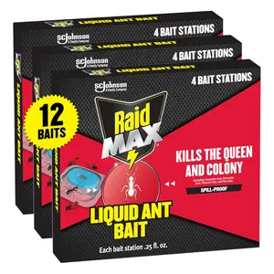 Raid Max Liquid Ant Bait - 12 Bait Stations for Indoor & Outdoor Use - Kills Ants Where They Breed - Spill-Proof Design - 0.25 fl oz Each