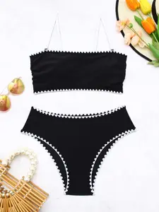 Two-Piece Set Women's Floral Embroidery Bikinis Sets, Casual Fashion Chic Swimsuit Set for Beach Holiday Vacation, Ladies Swimwear for Summer, Bikini Bottom, Bikini Top