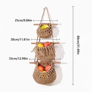 Boho Hanging Fruit Basket️1 Set 3-tier Wall Mounted Fruit Basket, Kitchen Wall Decor for Organizing, Storage Basket for Living Room Bedroom, Hangable,Hanging Fruit Basket Teardrop Baskets Handmade Woven Cotton Rope 3 Tier over the Door Organizer Hanging