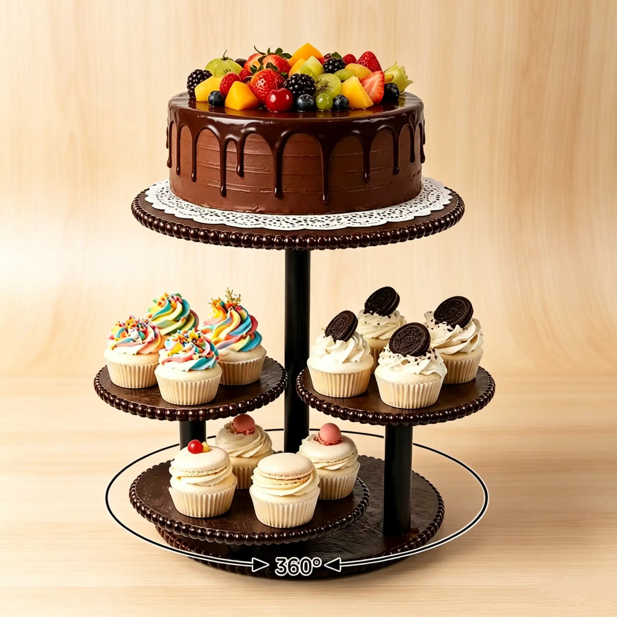 4 Tier Round Cupcake Tower Stand for 50 Cupcakes, 360° Rotating Wood Cake Stand with Tiered Trays, Farmhouse Cookie Stand for Dessert Table Display for Wedding Birthday Baby Shower Tea Party