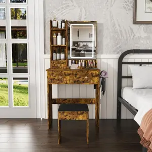 【Bellemave】Modern small Vanity Desk ,featuring 3 modes of LED lighting with adjustable brightness, 3 drawers and multiple open storage shelves, a hair dryer holder and power socket, and a dressing chair. brown