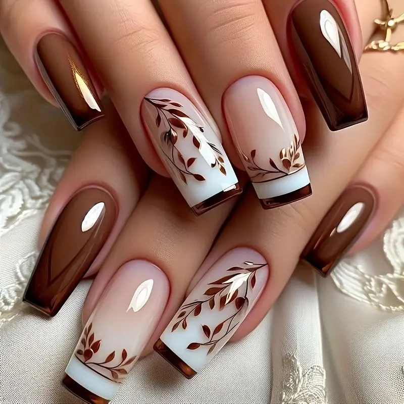 24pcs Square False Nails, Nail Tips, Leaf Pattern French Nail Art, Fall Winter Design, Removable DIY Fake Nails with Jelly Glue and File