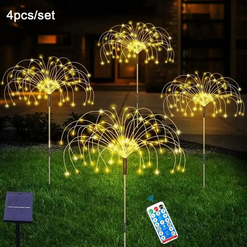 4pcs/ set Outdoor Solar Garden Lights, Solar Firework Lights with 480 LED Waterproof Starburst String Lights 8 Modes Fairy Light