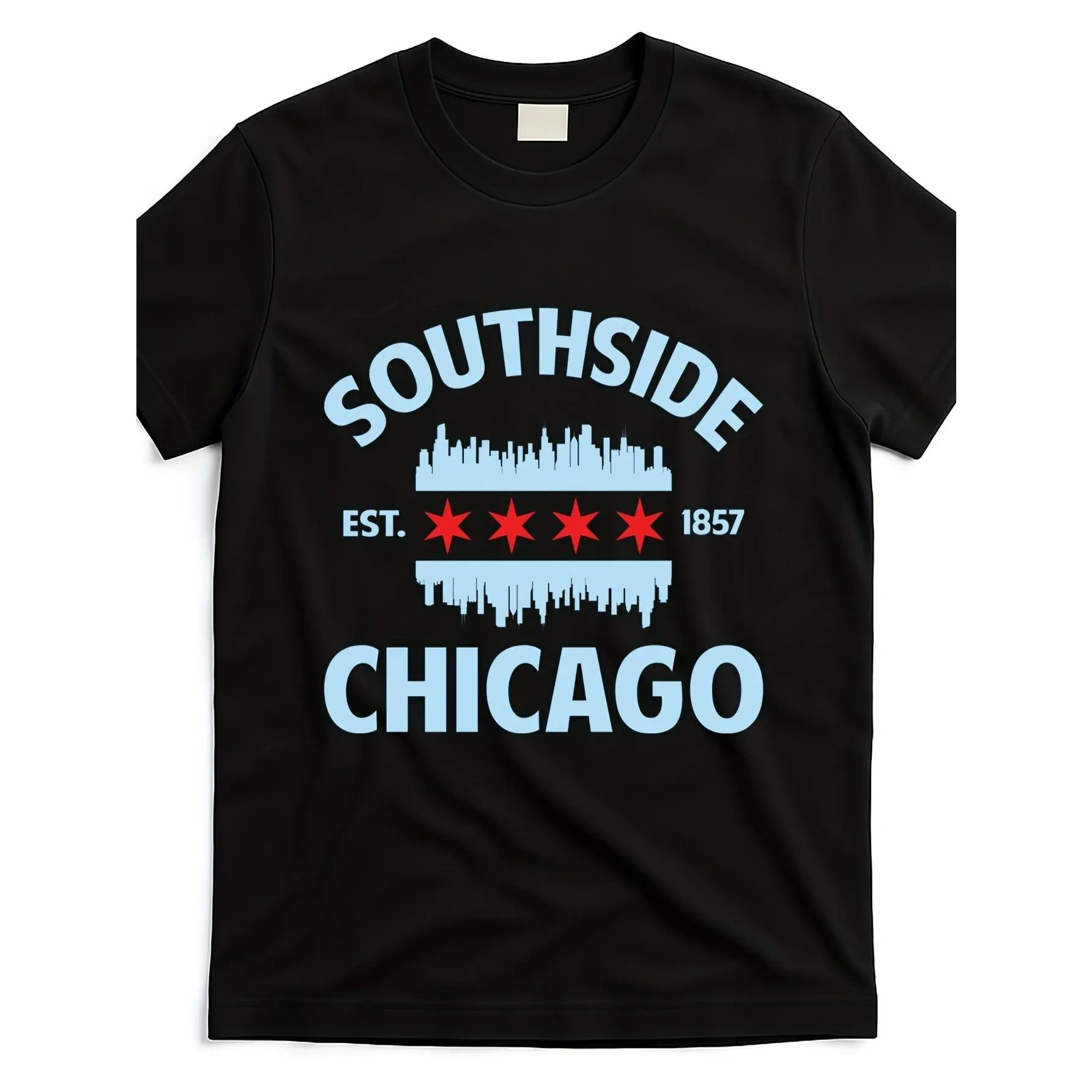 Chicago Flag Skyline T-Shirt for Men & Women - 220gsm Heavyweight Pure Cotton Retro Unisex Tee with South Side Chicago Design, Casual Wear or Souvenir Gift