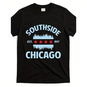 Chicago Flag Skyline T-Shirt for Men & Women - 220gsm Heavyweight Pure Cotton Retro Unisex Tee with South Side Chicago Design, Casual Wear or Souvenir Gift